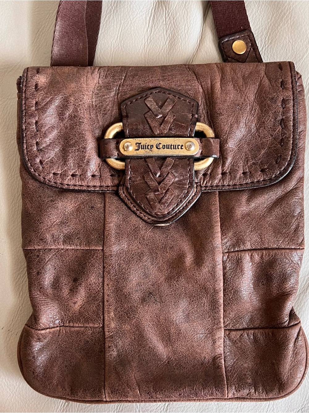 Juicy Couture Brown Leather Messenger Crossbody with Gold-Tone Logo Plate